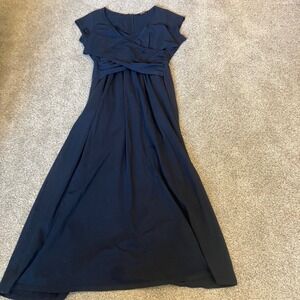 Navy Blue Crossover Surplice Maxi Dress 1X 18W Cap Sleeve Empire Waist Pockets